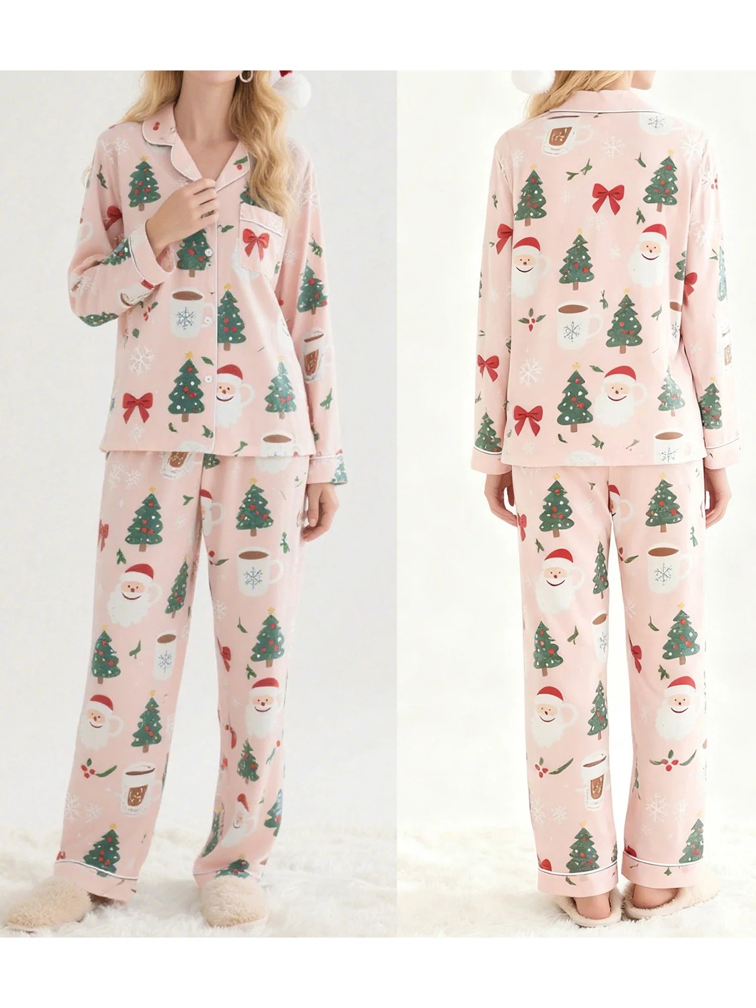 Women's 2025 Christmas Pajama Set Long Sleeve Lapel Santa Claus Christmas Tree Print Shirt Pants Two Pieces Sleepwear