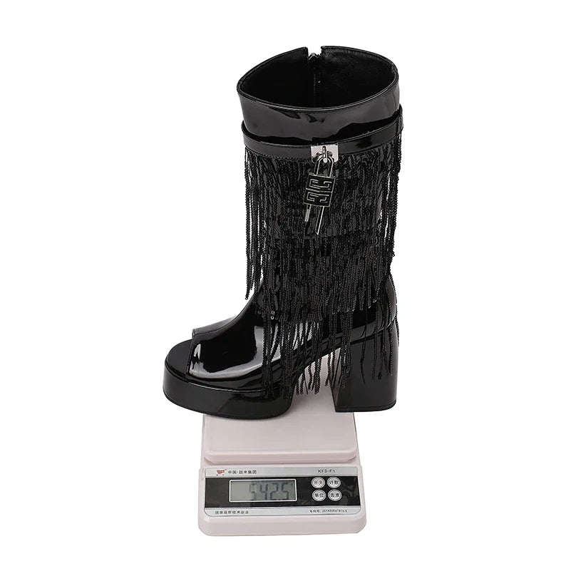 Plus Size Women White Patent Leather Fringe Tassel Mid Calf Boots Peep Toe Platform Block Heel Open Toe Party Club Heels