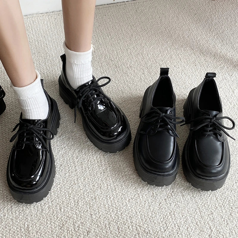 Retro Pu Leather Platform Oxford Shoes Women Japanese Style Thick Sole Black Student Shoes Woman Lace Up Thick Heel Pumps Female