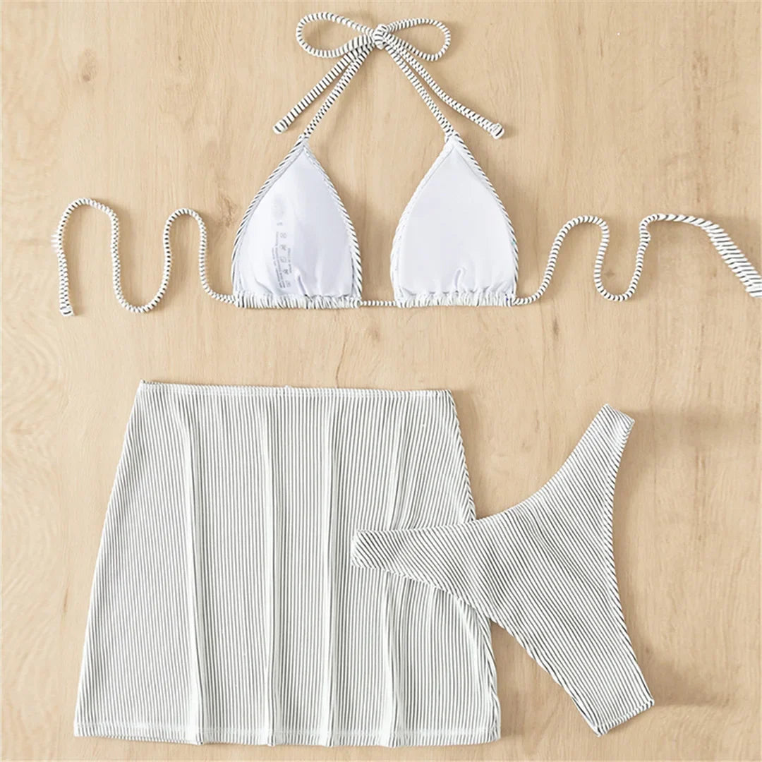S - XL New With Skirt Ribbed Halter Bikini Female Swimsuit Women Swimwear Three-pieces Bikini set Bather Bathing Suit Swim V4351