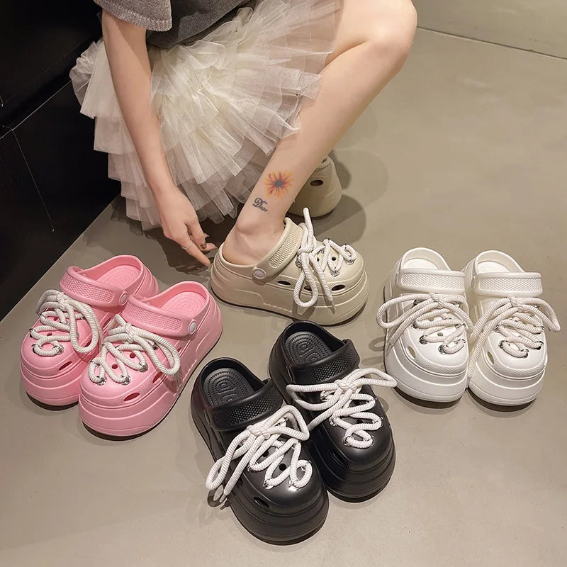 2025 Women Platform Slippers DIY Lace-up Leisure Clogs Summer Garden Shoes Thick Sole Female Home Beach Slides Street Sandals
