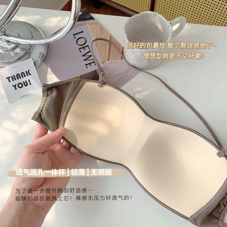 Sexy Japanese Satin Halter Bra Strapless Seamless Two-Way Wear Adjustable Comfort Back Fit Wirefree Lingerie Set S-XL MOYISU Bra