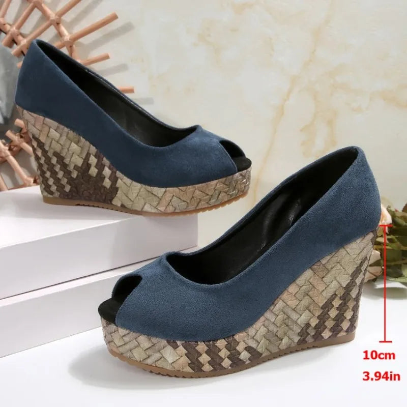 LIHUAMAO Suede wedges women high heels peep toe shoes platform pumps wedding party shoes comfort casual shoes