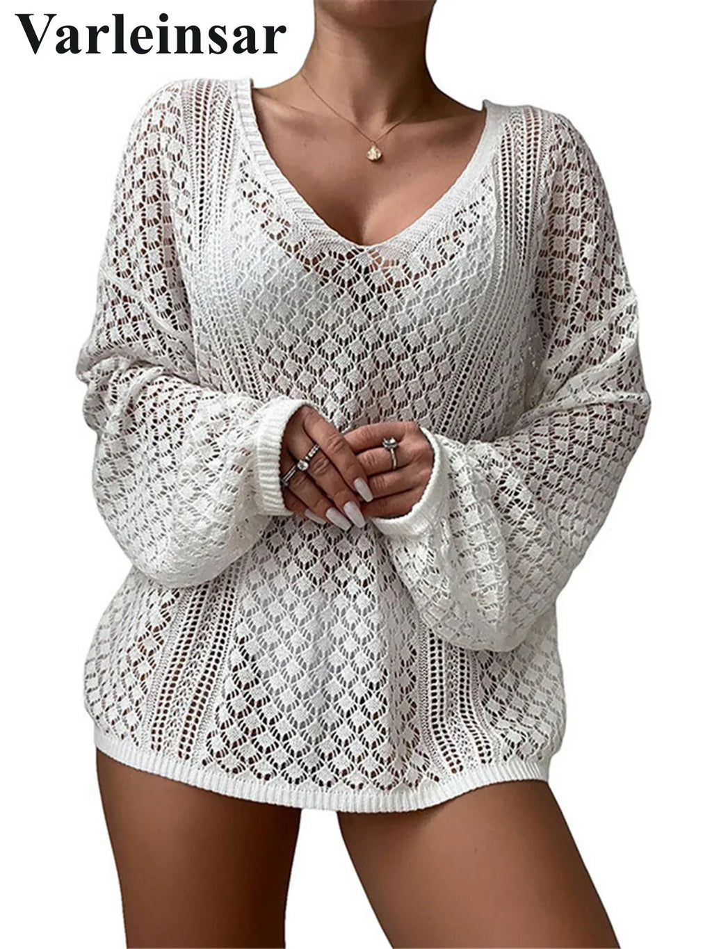 S - XL New V Neck Long Sleeve Crochet Knitted Tunic Beach Cover Up Cover-ups Beach Dress Beach Wear Beachwear Female Women V8284