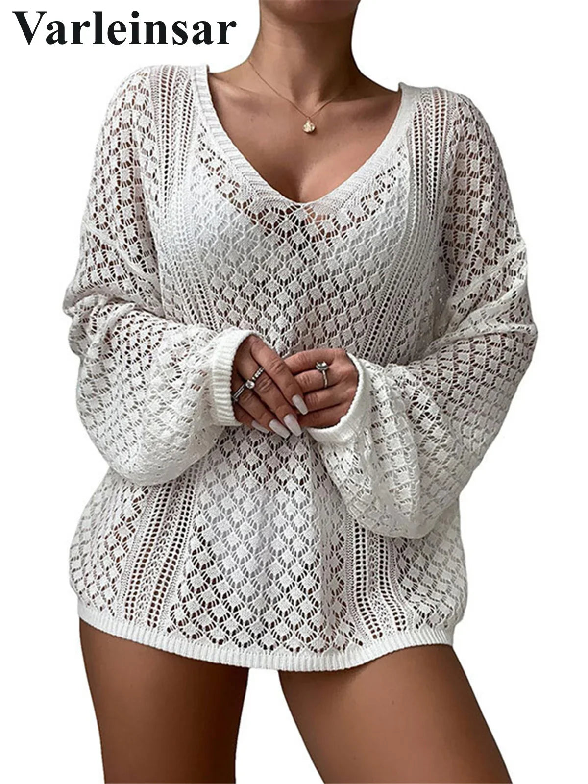 S - XL New V Neck Long Sleeve Crochet Knitted Tunic Beach Cover Up Cover-ups Beach Dress Beach Wear Beachwear Female Women V8284
