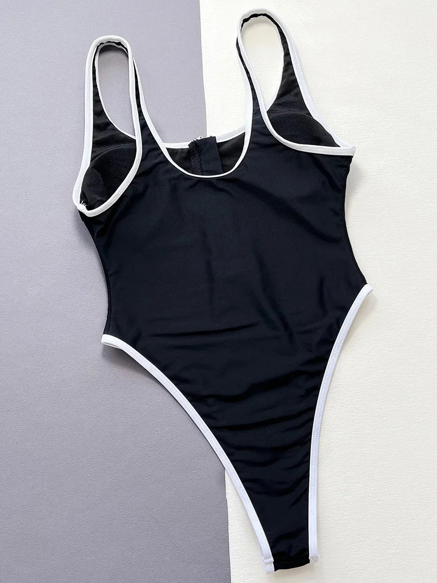 2026 Sexy High Cut Zipper Splicing Women Swimwear One Piece Swimsuit Female Monokini Black Contrast Bathing Suit Swim Beach Wear