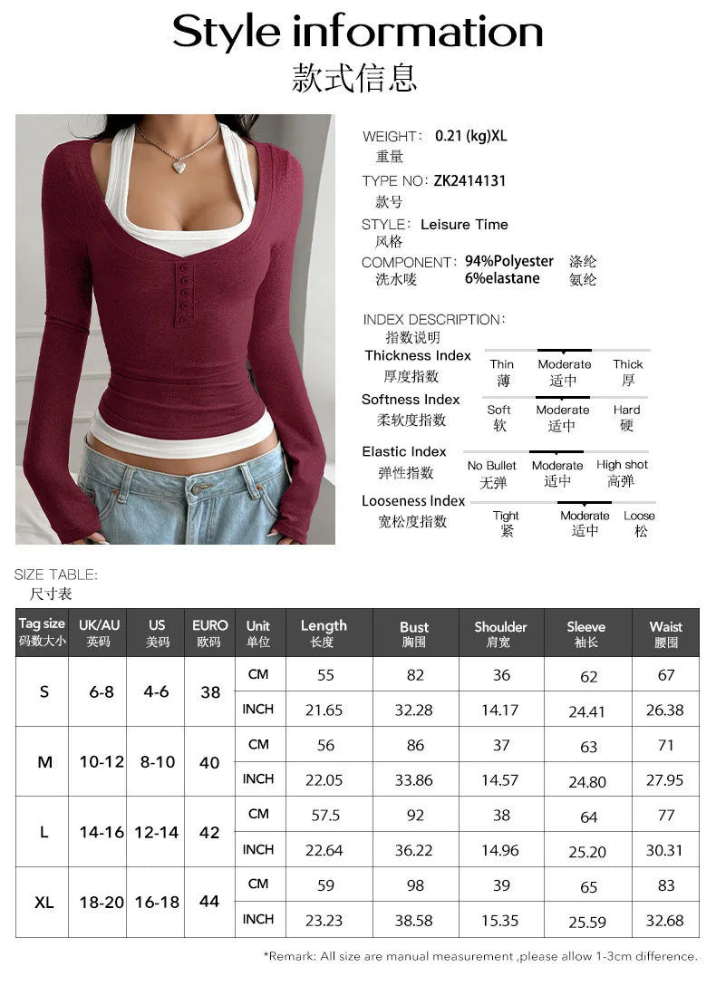 Women's Y2K Fake Two Piece Long Sleeve Cami Top, Fashion Slim Fit Sexy Streetwear T-Shirt