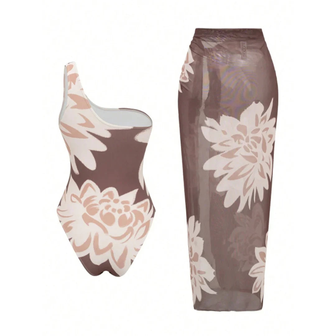 S - XL New With Skirt Printed One Shoulder Women Swimwear One Piece Swimsuit Female High Leg Cut Bather Bathing Suit Swim V8017