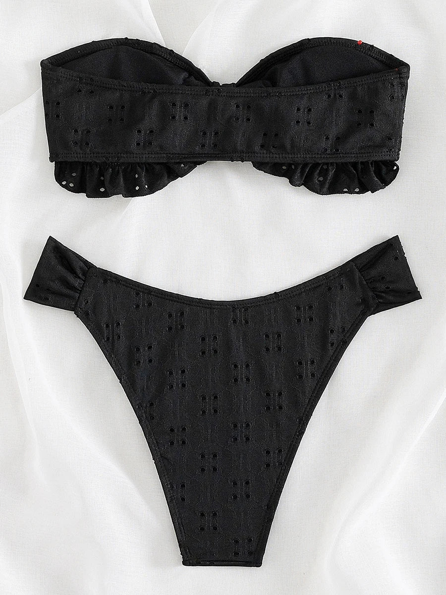 Ruffled Frill Knotted Bandeau Bikini Women Swimwear Female Swimsuit Two-pieces Bikini Set Strapless Bathing Suit Swim Beach Wear