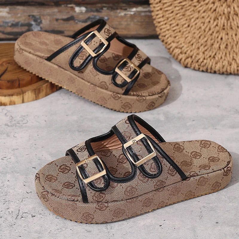 Flowers Embroidery Thick Bottom Sandals Women Fashion Designer Buckle Platform Slippers Woman Summer 2025 Non Slip Sandles Mujer