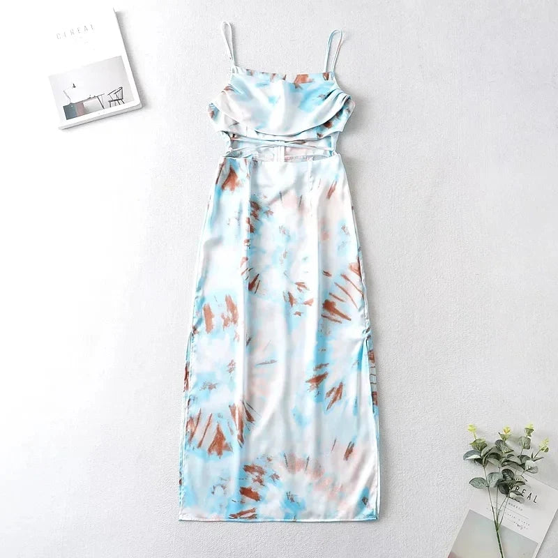 Foridol Waist Cut Out Criss Cross Sexy Summer Tie-dyed Midi Dress Ladies Elegant Beach Boho Slip Long Dress Sleeveless Sundress