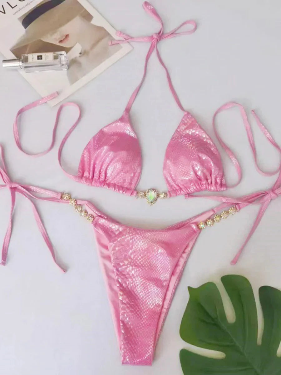 Snake Skin Rhinestone Diamond Bikini Female Swimsuit Women Swimwear Two-pieces Bikini Set High Cut Halter Bathing Suit Swim Lady