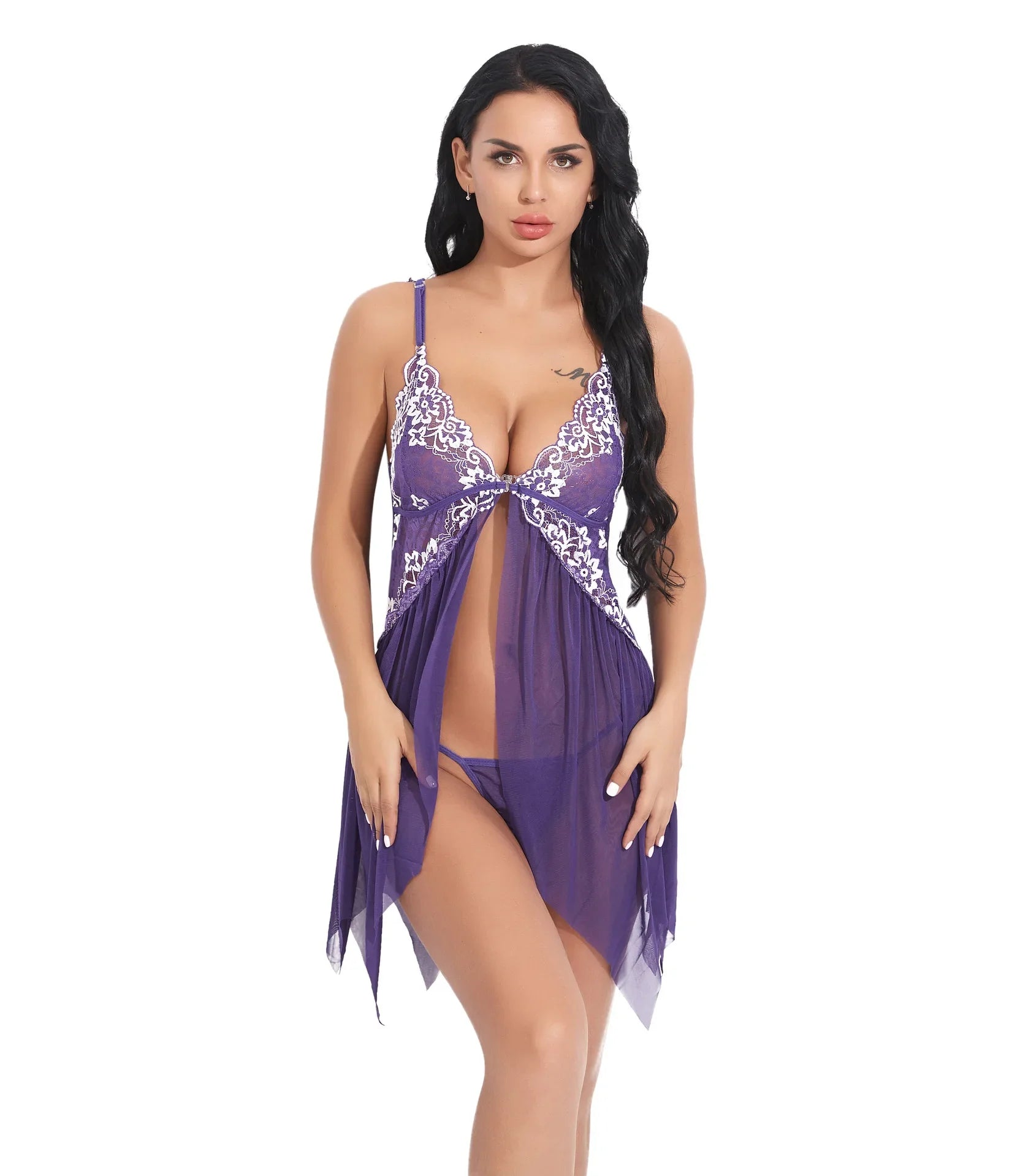 Toucheart Sexy Lingerie Set Women's Lace Nightgown Mesh See-through Suspender Dress Lace Patchwork Sexy Ultra Thin Pajama Set