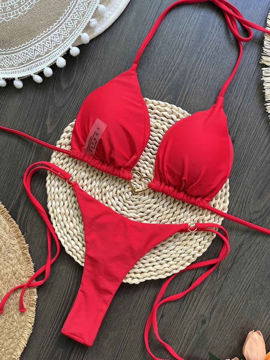 Metal Heart-shaped Halter Brazilian Bikini Female Swimsuit Women Thong Swimwear Two-pieces Bikini Set Bather Bathing Suit Swim