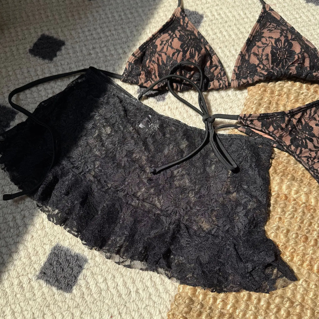 DEKA Micro Thong Bikini Set Sexy Lace Double-Layered 3 Pieces Swimsuit With Sexy Mesh Skirt Women Beach Swimwear
