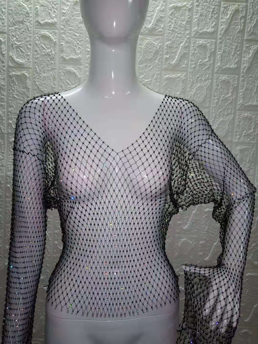 Women Rhinestone Fishnet T-shirt Solid Color Long Sleeve Crop Tops See Through Hollow Out Sexy Shirts Female Smock Tops