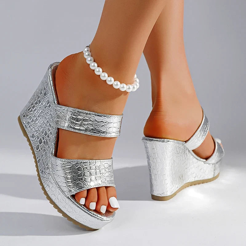 Chunky Wedges Gold Sandals Women Plus Size 42 High Heel Platform Slippers Woman Snake Pattern Pu Leather Summer Sandles Female