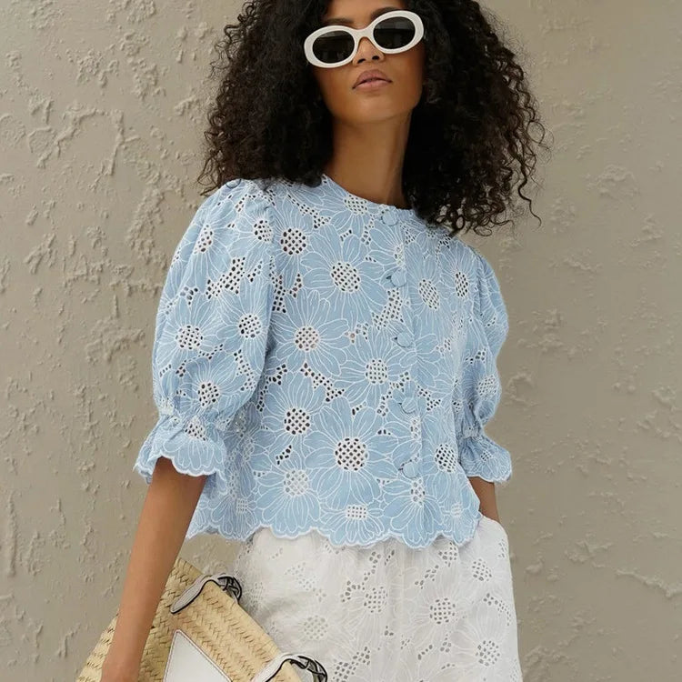 FFDYOUI Woman Clothing Embroidered Shirts Blue High Green Ladies O-neck Single Breasted Half Sleeve Cropped Tops Fashion Shirt