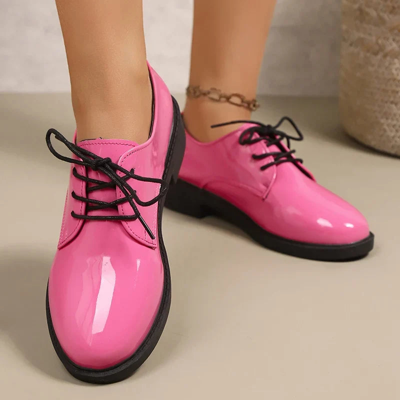 Pink Patent Leather Oxford Shoes Women Fashion Lace Up Pointed Toe Med Heel Pumps Woman Plus Size 43 Thick Heels Office Shoes