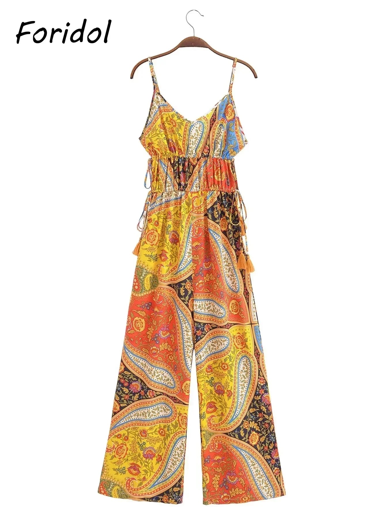 Paisley Print Bohemian Wide Leg Long Pants Jumpsuit Women Summer New Overalls Spaghetti Strap Loose Casual Boho Jumpsuit Tassel