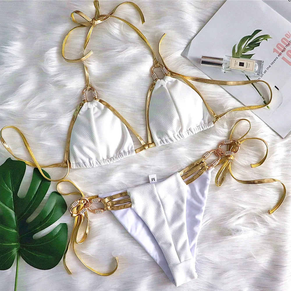 Bikini 2026 Sexy Backless Golden Rhinestone Metal Strap Hollow Swimwear Swimsuit Women Halter Bikinis Set Bathing Suit Banadores