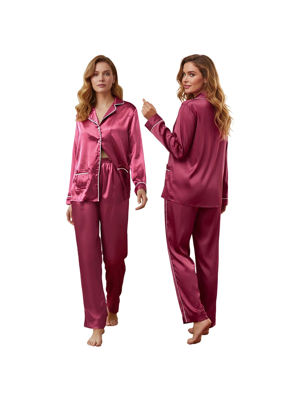 Women's Satin Two Pieces Pajama Sets Fashionable Contrast Color Trim Long Sleeve Button Down Tops with Pants Soft Sleepwear