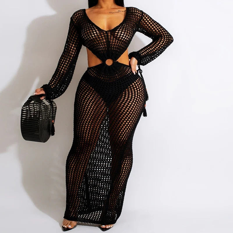 DEKA New Sexy Knit Mesh Cut Out Deep V Neck Long-sleeve Lace-up Fringe Tunic Summer Women Swimsuit Cover-ups Beach Maxi Dress