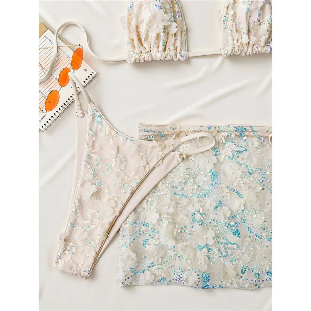 S - XL Three-pieces Bikini set With Skirt Flowers Sequins Bikini Female Swimsuit Women Swimwear Bather Bathing Suit Swim V7864