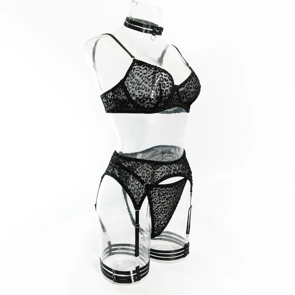 Toucheart 5-Piece Suit Sexy Underwear Suit Flocked Leopard Print Fashionable Hollow Sexy Lingerie Women Perspective Underwear