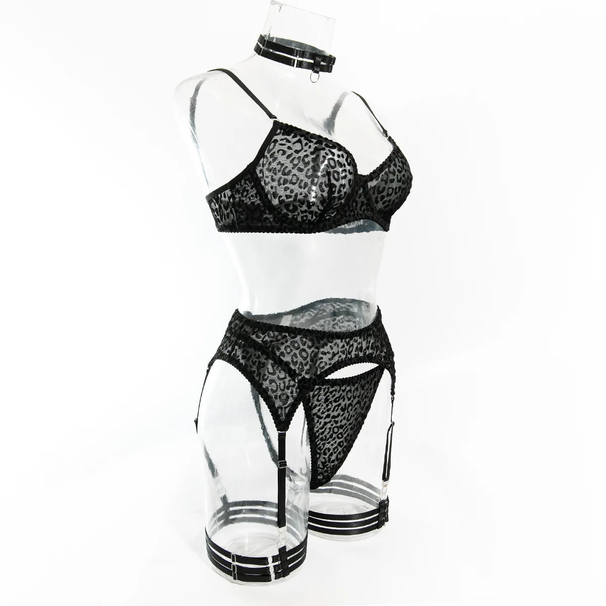 Toucheart 5-Piece Suit Sexy Underwear Suit Flocked Leopard Print Fashionable Hollow Sexy Lingerie Women Perspective Underwear