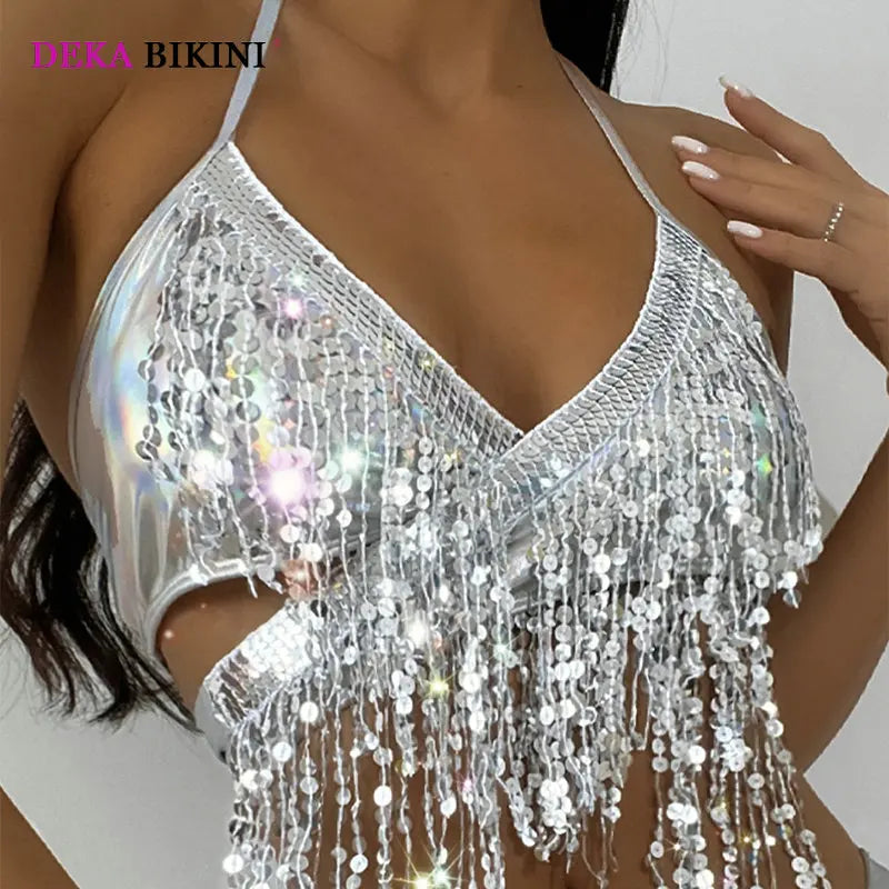 DEKA  Brazilian Silver Sequin Tassel Bikini Set Women's Halter Fringes Bra Shorts Nightclub Swimsuit Dance Stage Outfit Swimwear