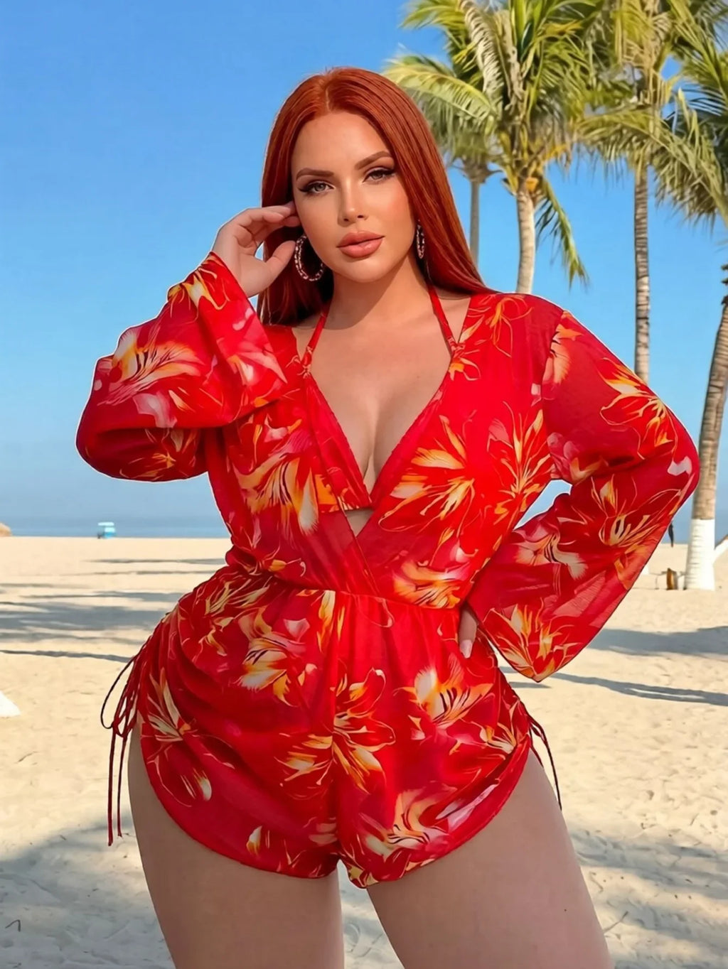 Red Floral Print Tankini Set 2026 Women Long Sleeve Drawstring Cover Up 3 Piece Swimsuit Beach Holiday Bathing Suit Swimwear 4XL