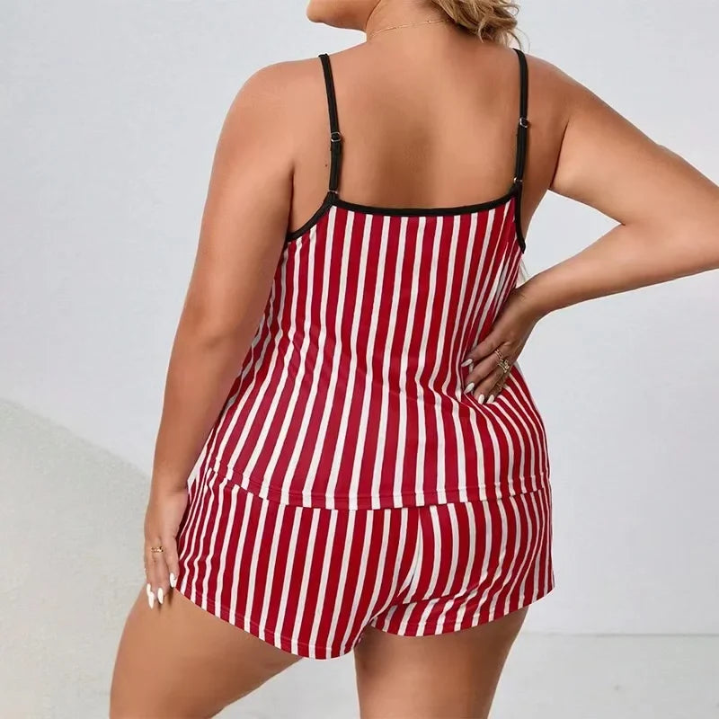 Plus Size Striped Women Pajama Set Sleeveless O Neck Top & Elastic Waist Shorts Heart Print 2 Pieces Female Sleepwear Nightwear