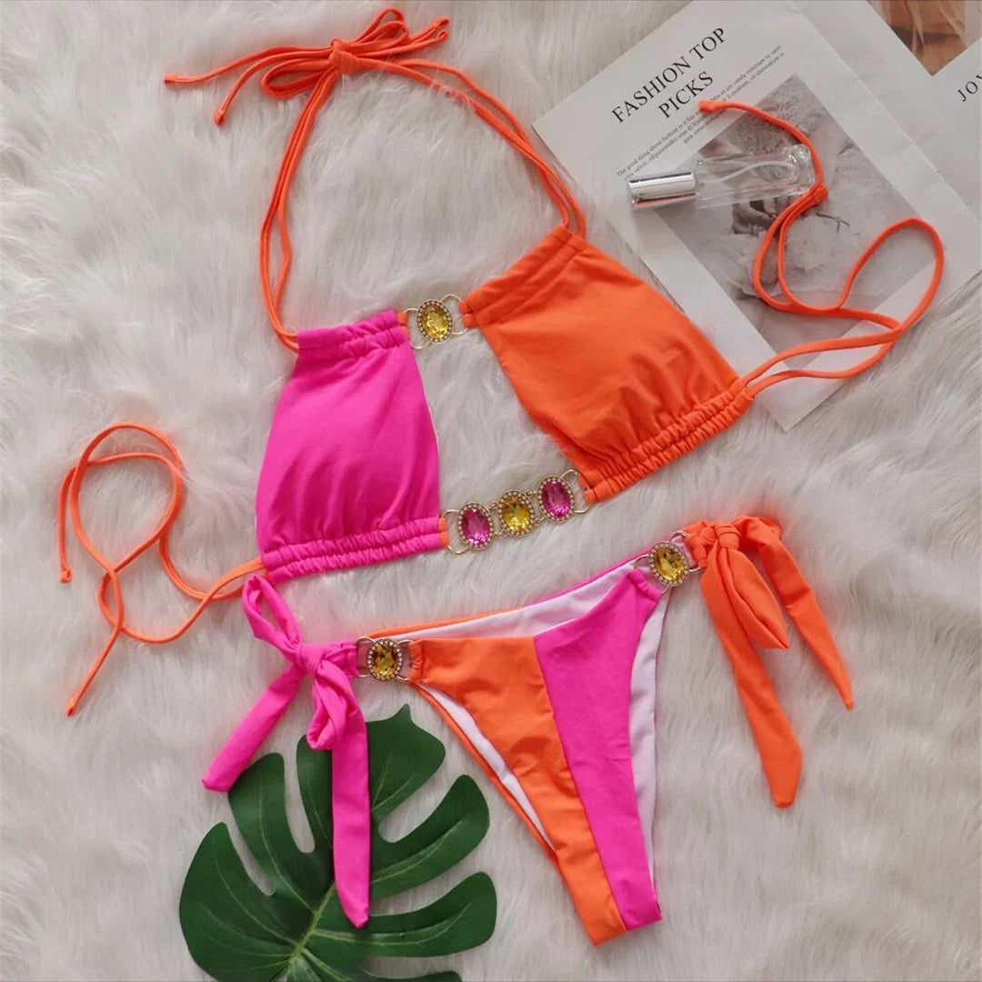 8 Colors Diamond Rhinestones Splicing Bikini Women Swimwear Female Swimsuit Two-Pieces Bikini Set Bather Bathing Suit Swim V5132