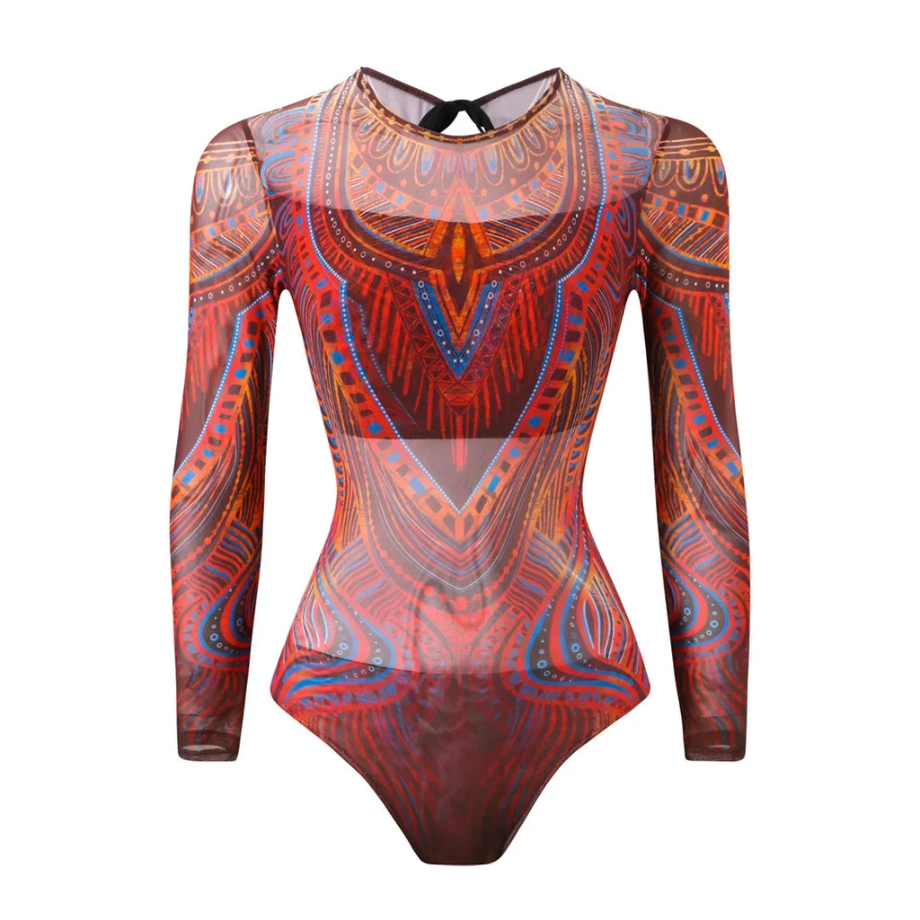 S - XXL Printed Long Sleeve With Sarong One Piece Swimsuit Women Swimwear Female Flowers Padded Bather Bathing Suit Swim K7181