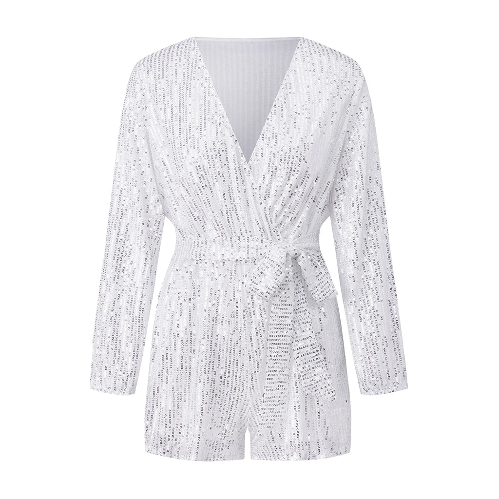 Women Summer Fall Sequin Shorts Jumpsuit Trendy Sparkly V Neck Long Sleeve Romper with Belt for Party Club