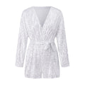 Women Summer Fall Sequin Shorts Jumpsuit Trendy Sparkly V Neck Long Sleeve Romper with Belt for Party Club