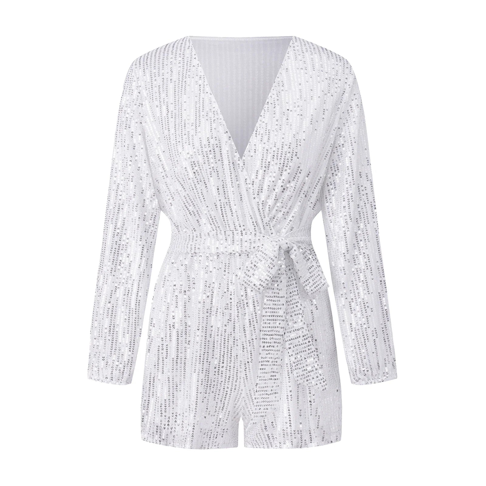 Women Summer Fall Sequin Shorts Jumpsuit Trendy Sparkly V Neck Long Sleeve Romper with Belt for Party Club