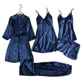 5 Pcs/Set Silky Satin Women Pajamas Set Nightgown Nightdress Top Shorts Pants Set Lace Patchwork Loose Thin Women Sleepwear