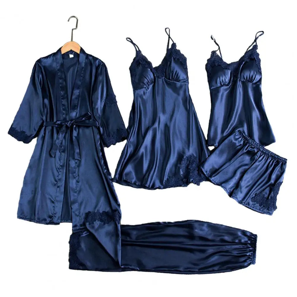 5 Pcs/Set Silky Satin Women Pajamas Set Nightgown Nightdress Top Shorts Pants Set Lace Patchwork Loose Thin Women Sleepwear