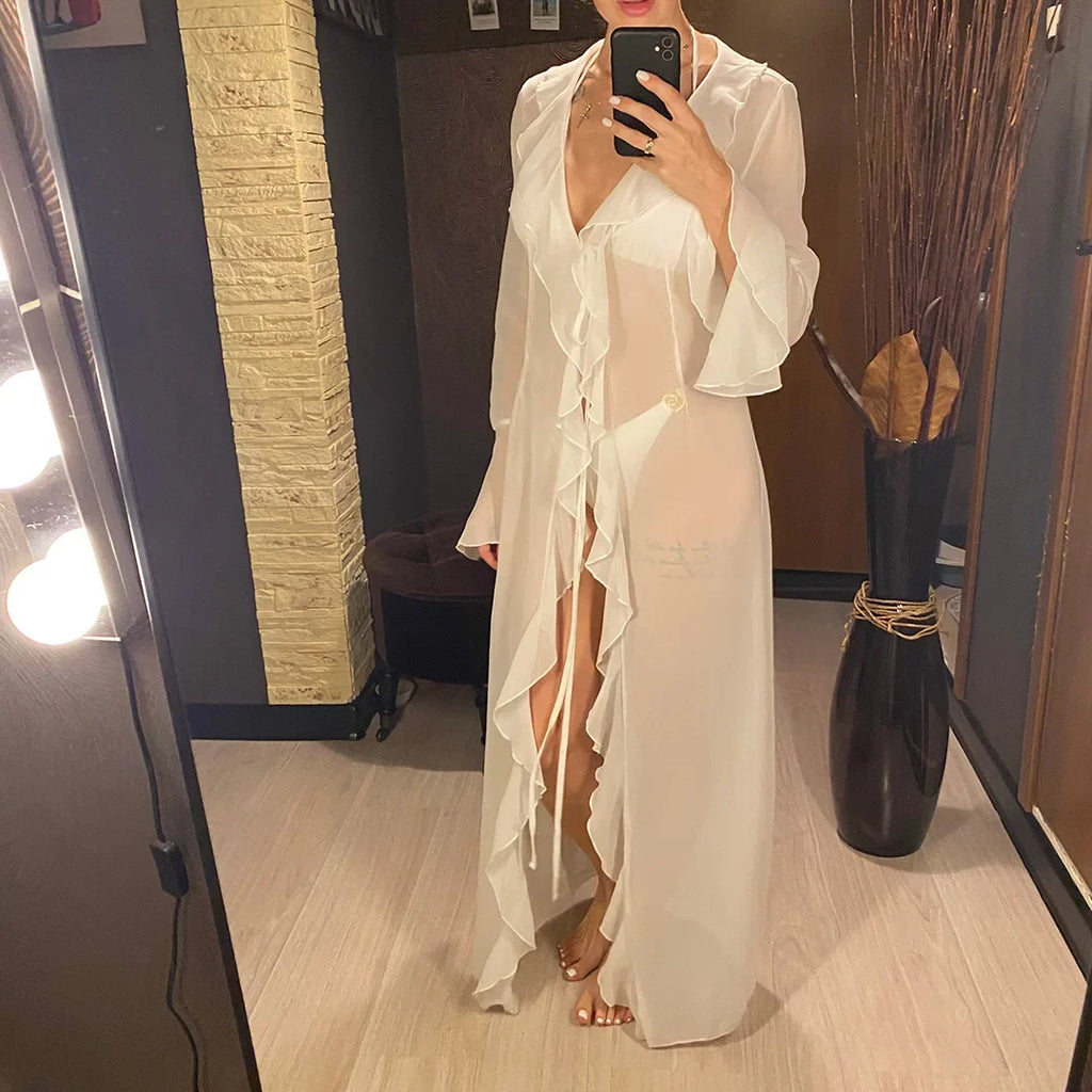 Women's V Neck Ruffled Long Sleeve Dress Chiffon Tunic Beach Cover Up Cover-ups Beach Dress Sunscreen Beachwear Vacation V5976B