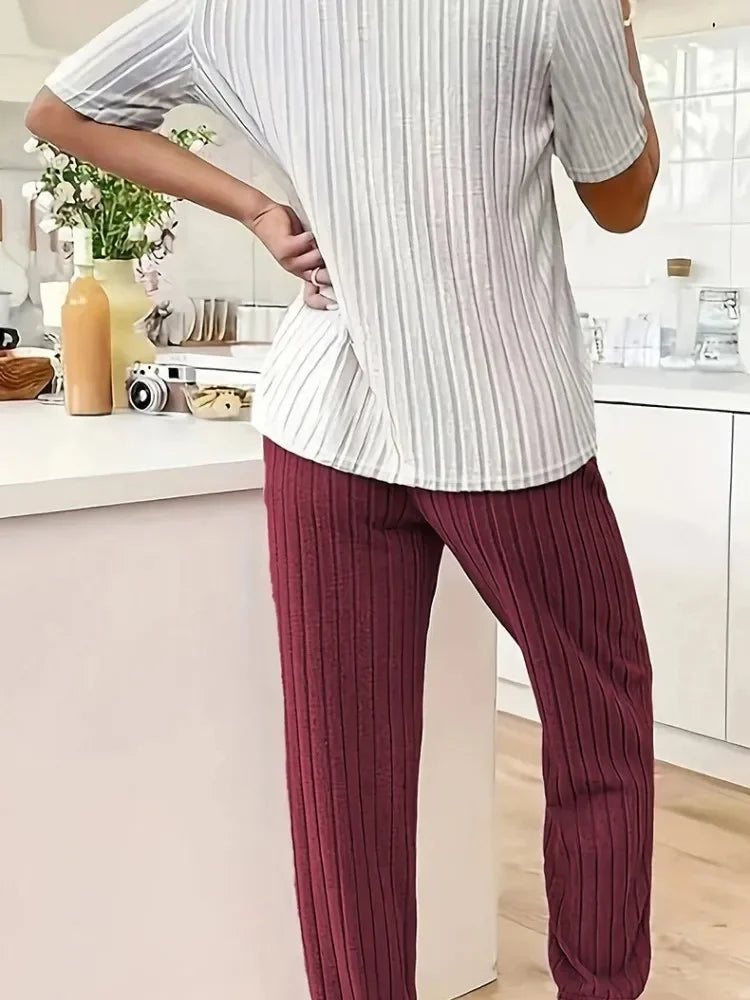 Autumn Winter Round Neck Short Sleeve Long Pants with Ribbed Stripes and Letter Heart Print Women's Pajamas Home Wear