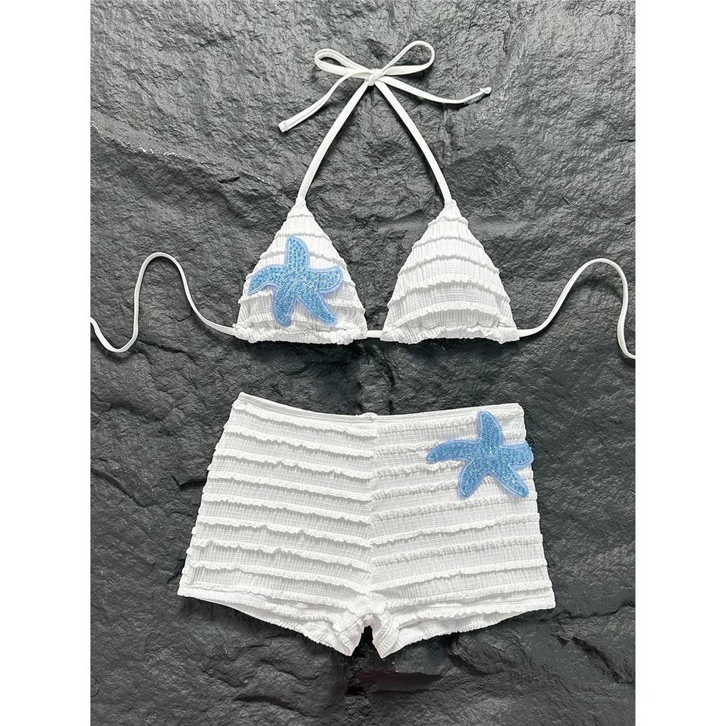 Sequins Starfish Halter High Waist Bikini Female Swimsuit Women Swimwear Two-Pieces Bikini Set Bather Bathing Suit Swim V8215