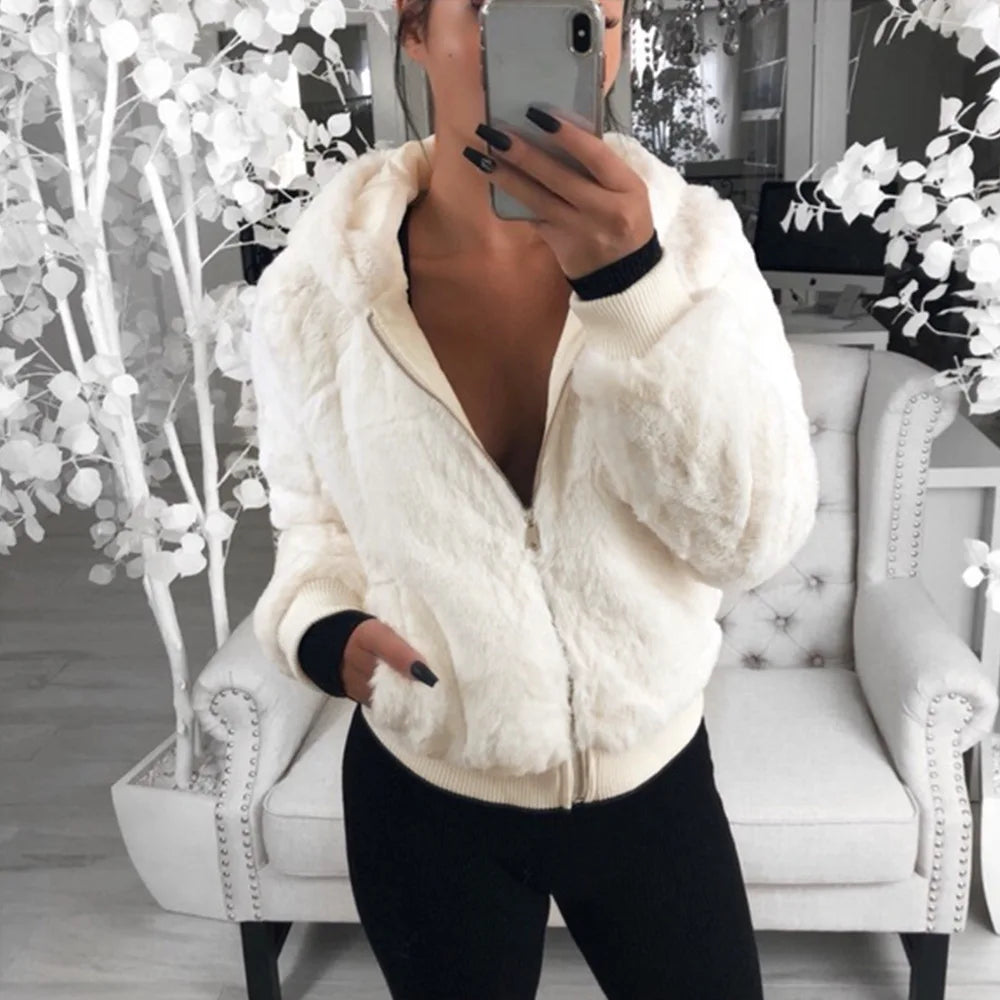 Phantasy Women's Hoodies Women Clothing Streetwear New Style Fashion Hooded Imitation Fur Plush Coat Solid Color Jacket Female