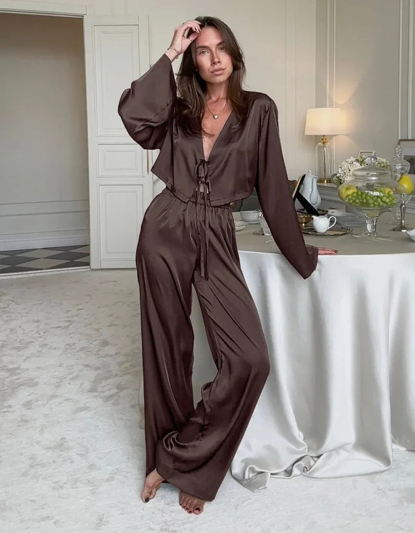 2026 New Women's Home Clothes Open Cardigan Belted Sleepwear Loose Long Sleeve Long Pant Smooth Comfort Spring Street Style