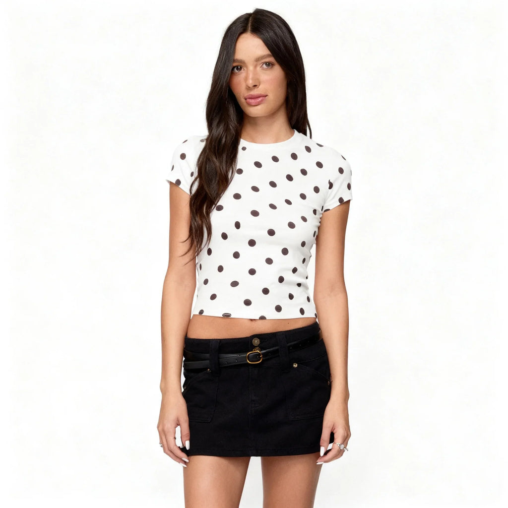 Women's summer fashion retro polka dot short-sleeved printed slim round neck top