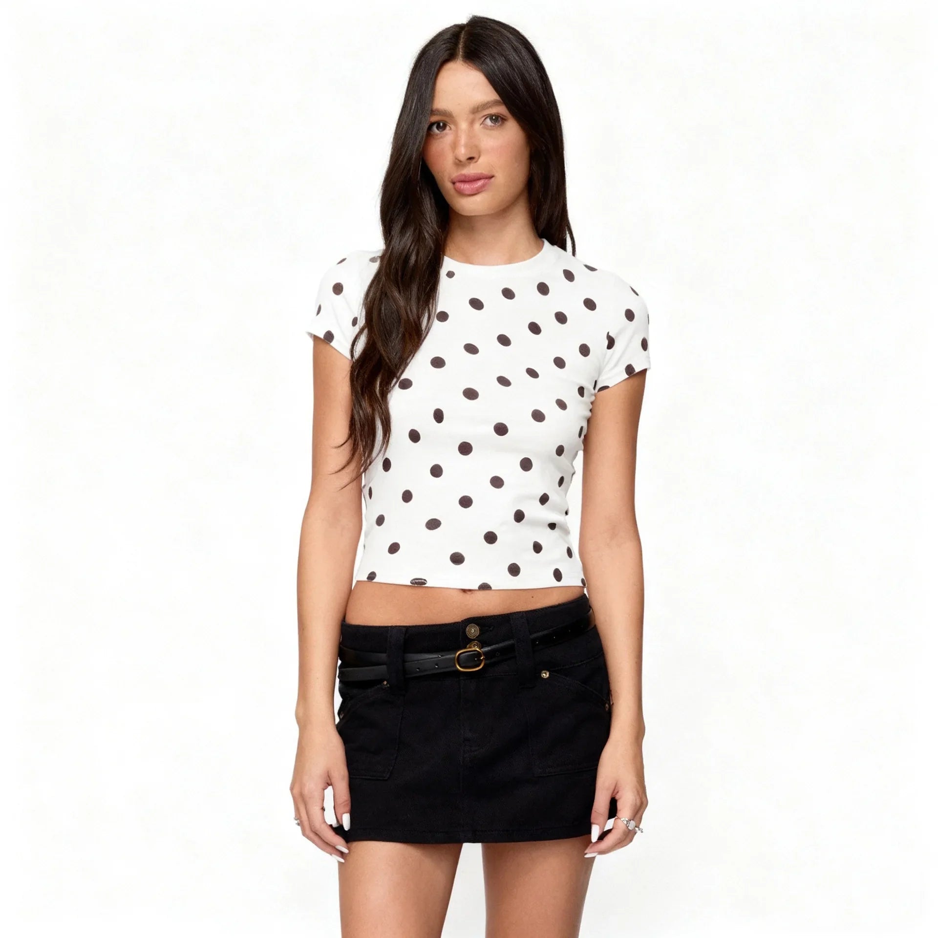 Women's summer fashion retro polka dot short-sleeved printed slim round neck top