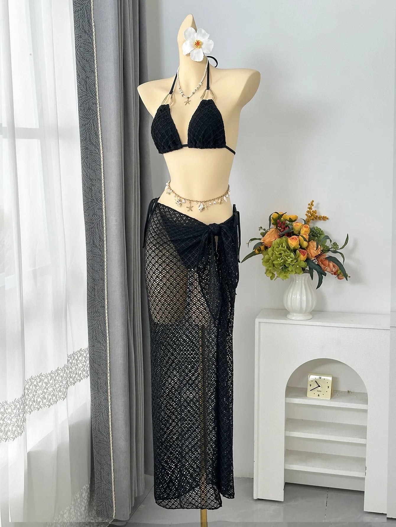Vintage Beige Black Mesh Skirt 3 Piece Bikini Set 2026 Women Metal Chain Strap Push Up Bra Swimsuit Beach Bathing Suit Swimwear
