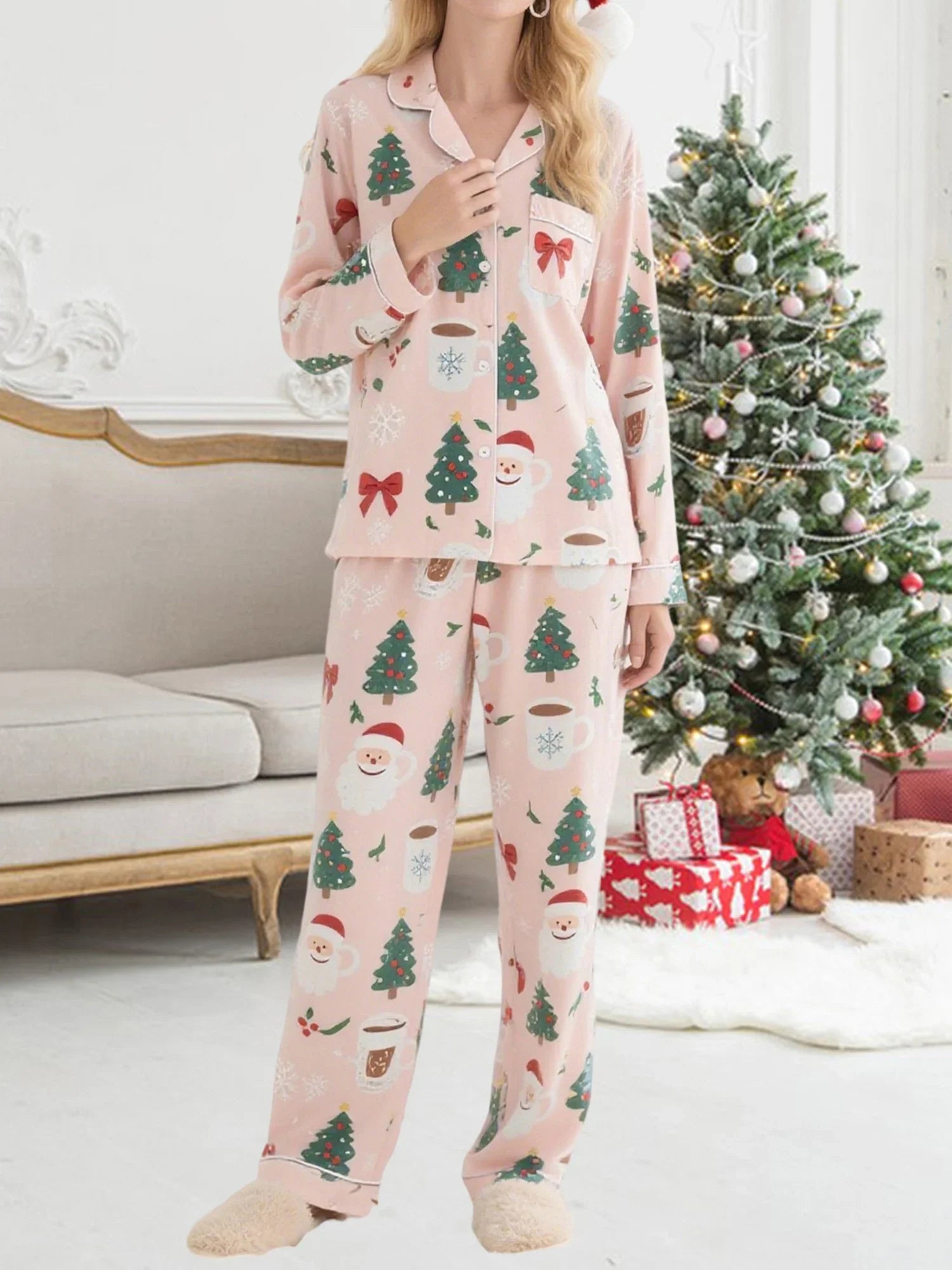Women's 2025 Christmas Pajama Set Long Sleeve Lapel Santa Claus Christmas Tree Print Shirt Pants Two Pieces Sleepwear