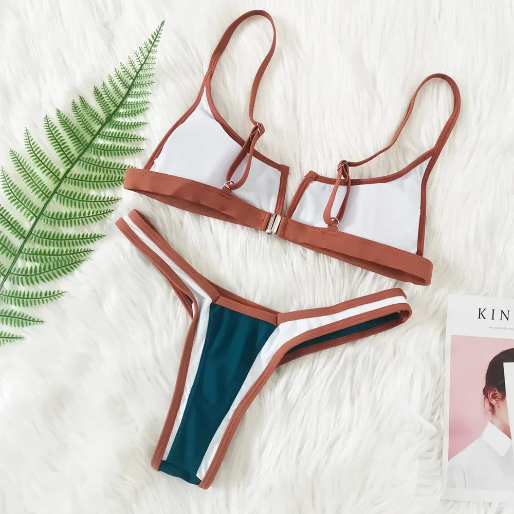 Splicing V Shaped Micro Thong Bikini Women Swimsuit Female Swimwear Two Pieces Bikini Set Push Up Bathing Suit Swim Beachwear
